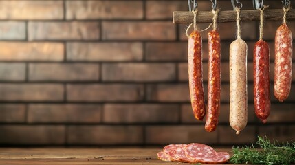 Artisan sausages hanging in a rustic kitchen, cured meats displayed on hooks, traditional food, culinary art