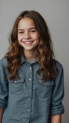 Fototapeta premium Smiling young person with long wavy hair in denim jacket, neutral studio background