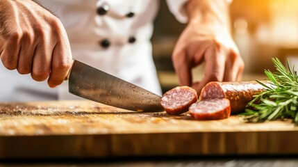 Chef slicing gourmet sausages in a highend restaurant kitchen, focused on quality and precision, culinary skill, fine dining
