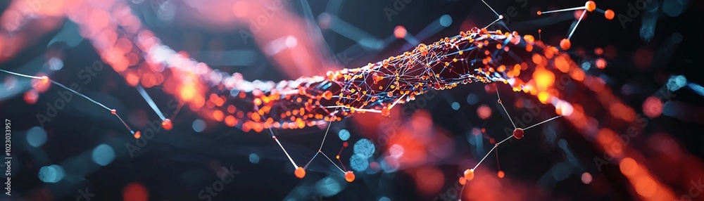 Poster abstract representation of a digital network with vibrant colors, showcasing interconnected nodes an