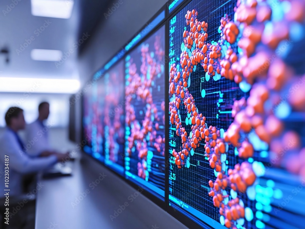 Poster advanced technology display featuring molecular structure and data analysis in a modern laboratory e