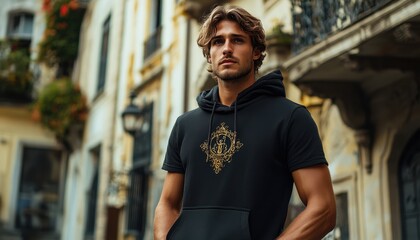 Fototapeta premium Urban-style sleeveless hoodie mockup showcasing a model in a historical city street during the day