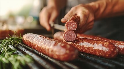Closeup of sausages being stuffed in a traditional butcher shop, emphasizing craftsmanship, artisanal food, culinary art