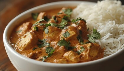 Tasty chicken tikka masala with fluffy basmati rice in a cozy Indian restaurant