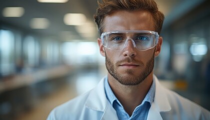 A chemist in a lab coat and safety goggles prepares for experiments in a modern laboratory setting