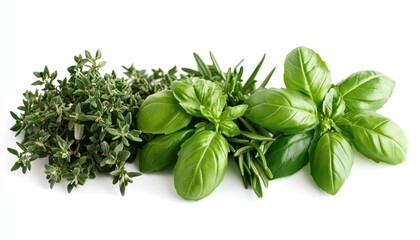 Basil, parsley, and rosemary herbs artfully arranged on a white background for cooking