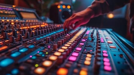 Obraz premium A hand reaches out to adjust the knobs on a sound mixing board in a recording studio.