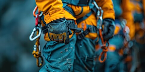 Fototapeta premium Work on high altitude equipment. Fall arrest device