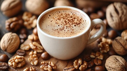 A white cup of coffee with foam and cocoa powder on top, surrounded by walnuts and coffee beans on a wooden surface.