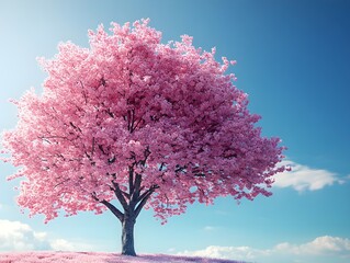 Obraz premium Blooming cherry tree in spring under clear sky A majestic cherry tree in full bloom, its delicate pink petals dancing in the warm spring breeze.
