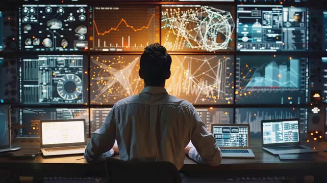 Analyst monitoring complex data on multiple screens in high-tech control room