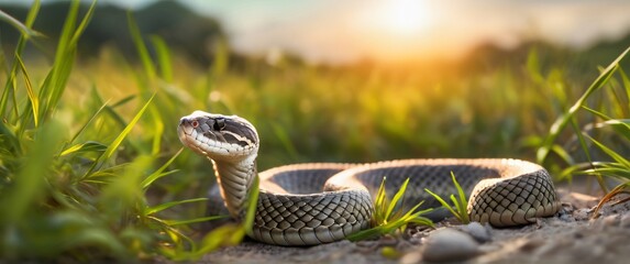 Aruba Rattlesnake crotalus unicolor snake in dense green grass. during daylight. Highyld detailed and realistic ultrawide 21:9 illustration