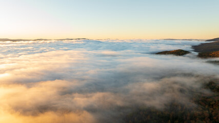 Aerial view of a sunrise over a forested mountain landscape, with dense mist and clouds creating a golden, ethereal atmosphere, showcasing the beauty of nature during early morning.