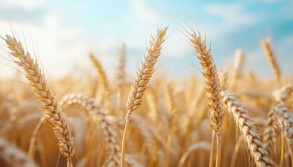Fototapeta premium Golden wheat field under a bright sky in rural landscape during a sunny afternoon
