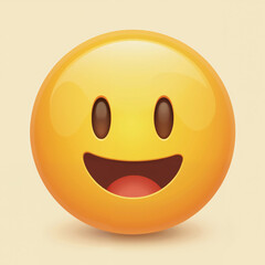 Fototapeta premium A 3D, glossy smiley face emoji with a yellow circle, black eyes, and a wide open mouth. The emoji is rendered in a realistic style with a slight shine and depth, conveying a bright and joyful mood