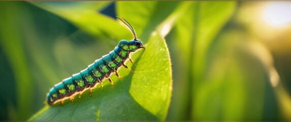 Armyworm Mythimna unipuncta on green leaf macroshot closeup with sunset in background. Highly detailed and realistic 21:9 ultrawide illustration