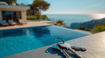 A luxury villa with a swimming pool and keys in the foreground, symbolizing real estate and home ownership.