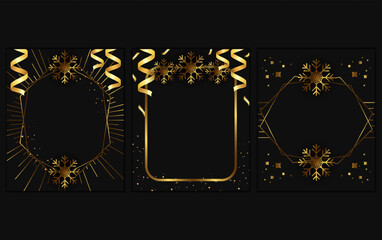 Luxury gold christmas invitation card design holiday vector background. Glittering banner frame, dust and hanging golden ribbons, snowflakes