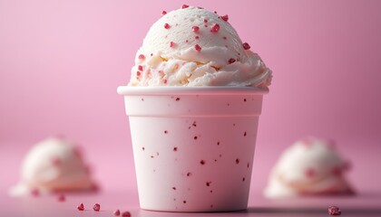 Creamy pink ice cream tub with sprinkles on a soft pink background. So delicious!