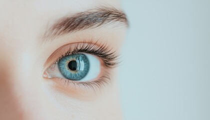 Blue eye macro photography, high-resolution focus on iris details, delicate lashes, soft skin tones, minimal background emphasizing eye color