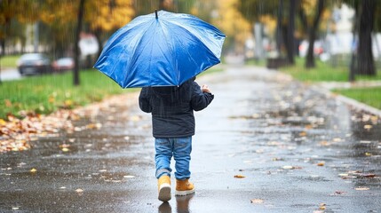Obraz premium A little boy walks joyfully outdoors on a rainy autumn day, embracing the playful spirit of childhood while enjoying the splashes of puddles and the vibrant colors of falling leaves around him