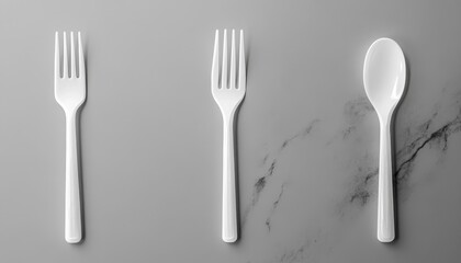 Plastic fork and spoon mockup on gray marble surface for disposable dining options