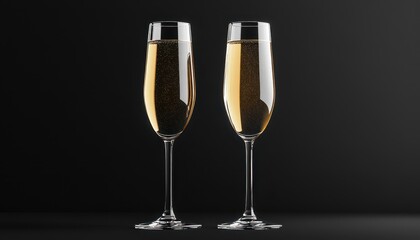 Elegant champagne flutes filled with sparkling beverage for a celebratory occasion in low light