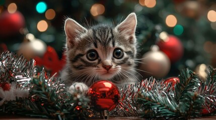 kitten plays with Christmas tree toys, on a Christmas background, ai generated