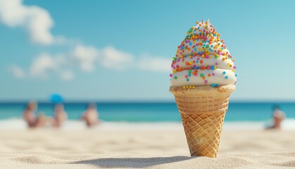 Colorful sprinkles on a melting ice cream cone, vibrant beach scene with blurred sunbathers and ocean, representing carefree summer days, warm tones