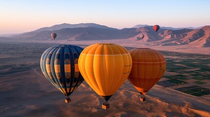 Aerial view of colorful hot air balloons floating above a desert landscape with mountains in the background during sunrise or sunset.