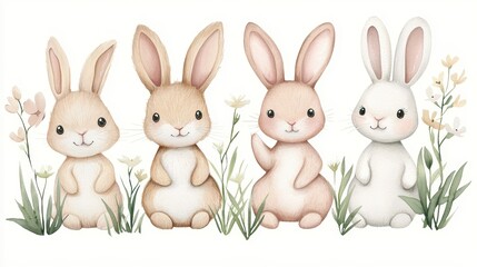Cute illustration of four adorable rabbits with soft expressions, sitting in a field of wildflowers.