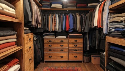 Neatly organized closet showcasing a diverse wardrobe with folded clothes and tailored jackets