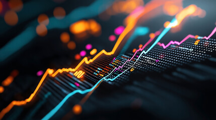 Abstract representation of financial data with colorful line graphs and digital numbers on a dark background, symbolizing market trends and analytics.