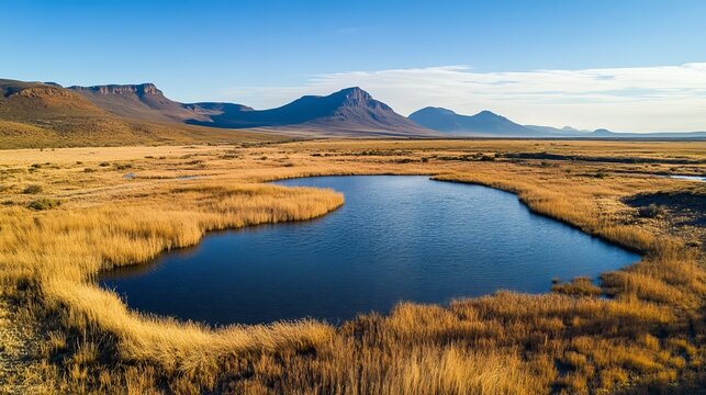 An aerial view showcases the stunning natural marshland at Main Dam within the Drie Kuilen Nature Reserve in the Karoo, South Africa