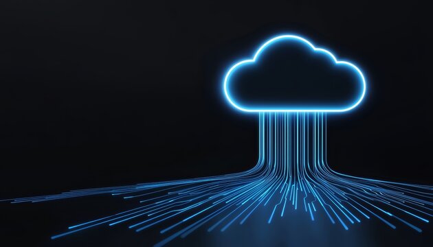 Digital cloud icon floating in a futuristic data center, glowing blue connections and data streams, modern cloud computing technology concept