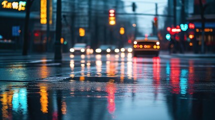 Obraz premium Urban street scene at night with wet pavement reflecting colorful city lights and blurred traffic in the background, creating a vibrant and atmospheric effect.