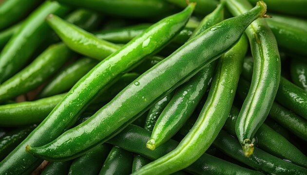 Fresh, crisp green beans arranged neatly on a wooden surface in natural light