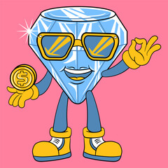 Cute Diamond With Sunglass Holding Coin Cartoon Vector Illustration