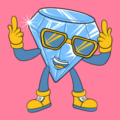 Cute Diamond With Sunglass Pointing Up Cartoon Vector Illustration