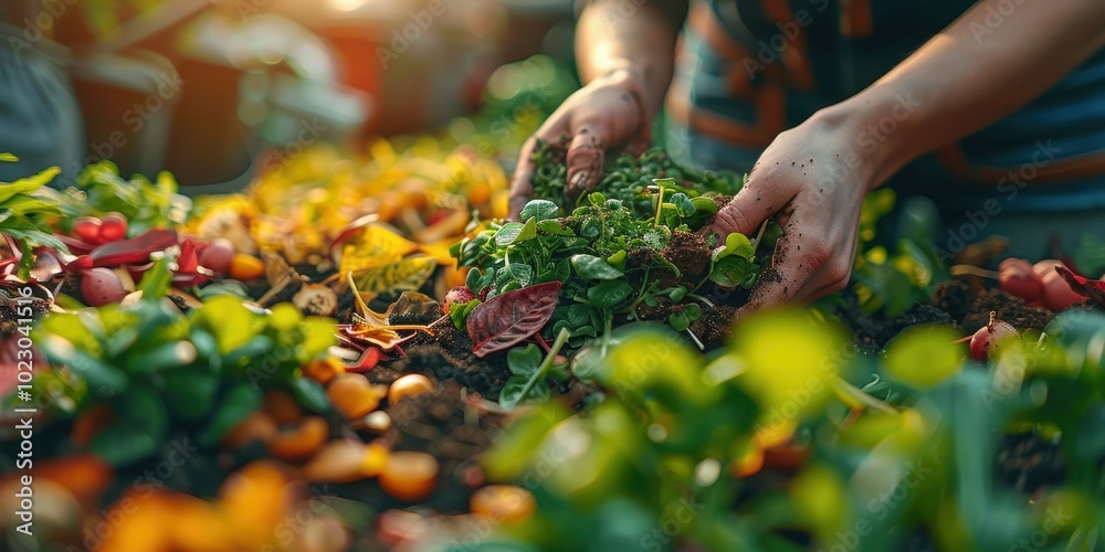 Wall mural Person composting food waste in backyard compost bin garden