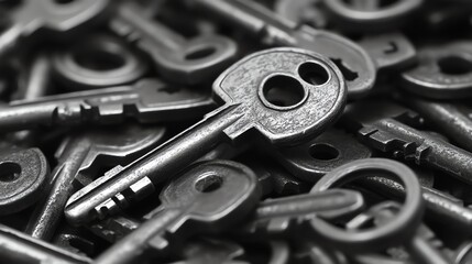 Fototapeta premium A single key stands out from a pile of other keys.