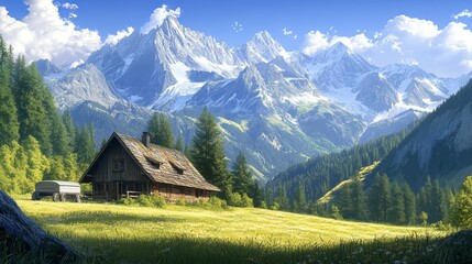 Nestled in a picturesque alpine landscape, a charming mountain hut sits amidst lush meadows and towering mountains