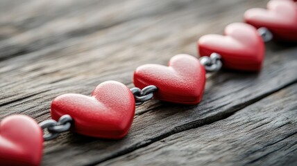 Red heart-shaped objects linked in chain on wooden surface
