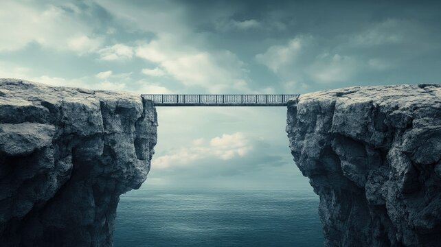 Narrow bridge connecting two cliffs above ocean under cloudy sky