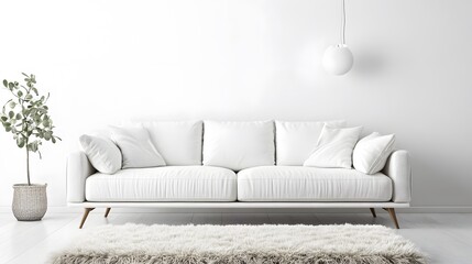 A soft fabric sofa in a minimalist living space, with a fluffy rug and clean white walls