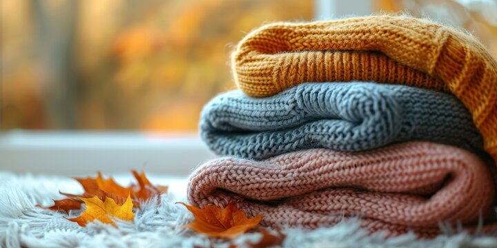 A pile of knitted warm clothes on an autumn background with copy space