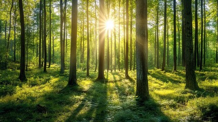 Obraz premium A sun-dappled forest with a dense green canopy creates an idyllic nature scene. Rays of sunlight filter through the thick foliage, casting warm, gentle light onto the forest floor.