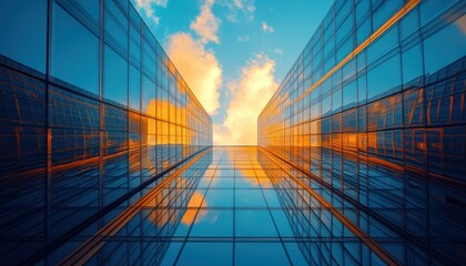 Structural analysis of modern glass buildings reflecting sunset colors in an urban landscape