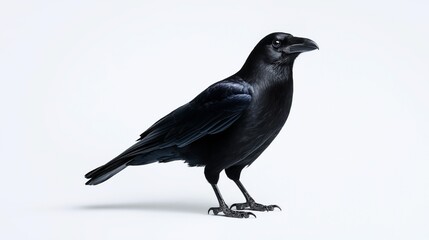 Obraz premium Black raven standing against a plain white background, showcasing its glossy feathers and sharp beak.