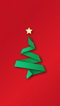 Paper cut Christmas tree on a red background. Banner, card, packaging, background for Christmas and New Year. Vector illustration